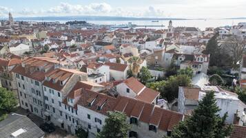A densely packed urban area with traditional buildings, a prominent tower, and a body of water in the background.