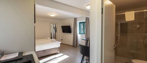 Quarto de hotel moderno com cama, escrivaninha, cadeira, TV e área de chuveiro.