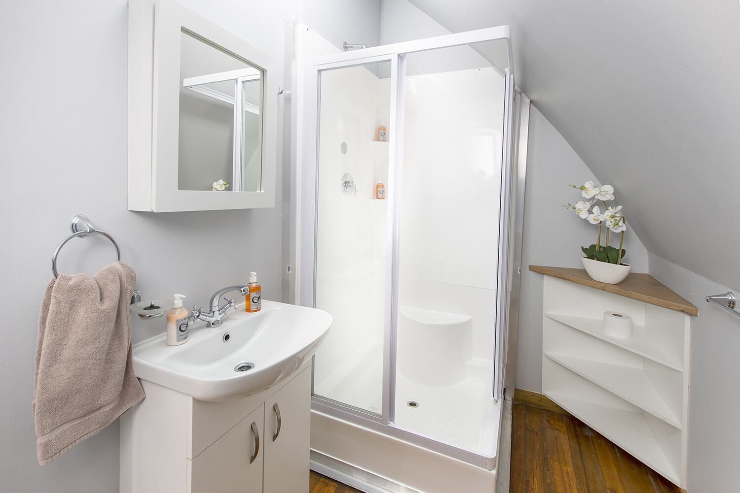 Ein modernes Badezimmer mit einem weißen Waschbecken, Spiegel und einer Duschkabine aus Glas.