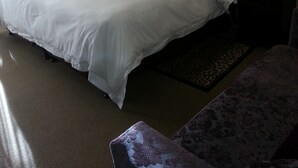 A hotel room with a large bed, two bedside lamps, an air conditioner, and two framed pictures on the wall.