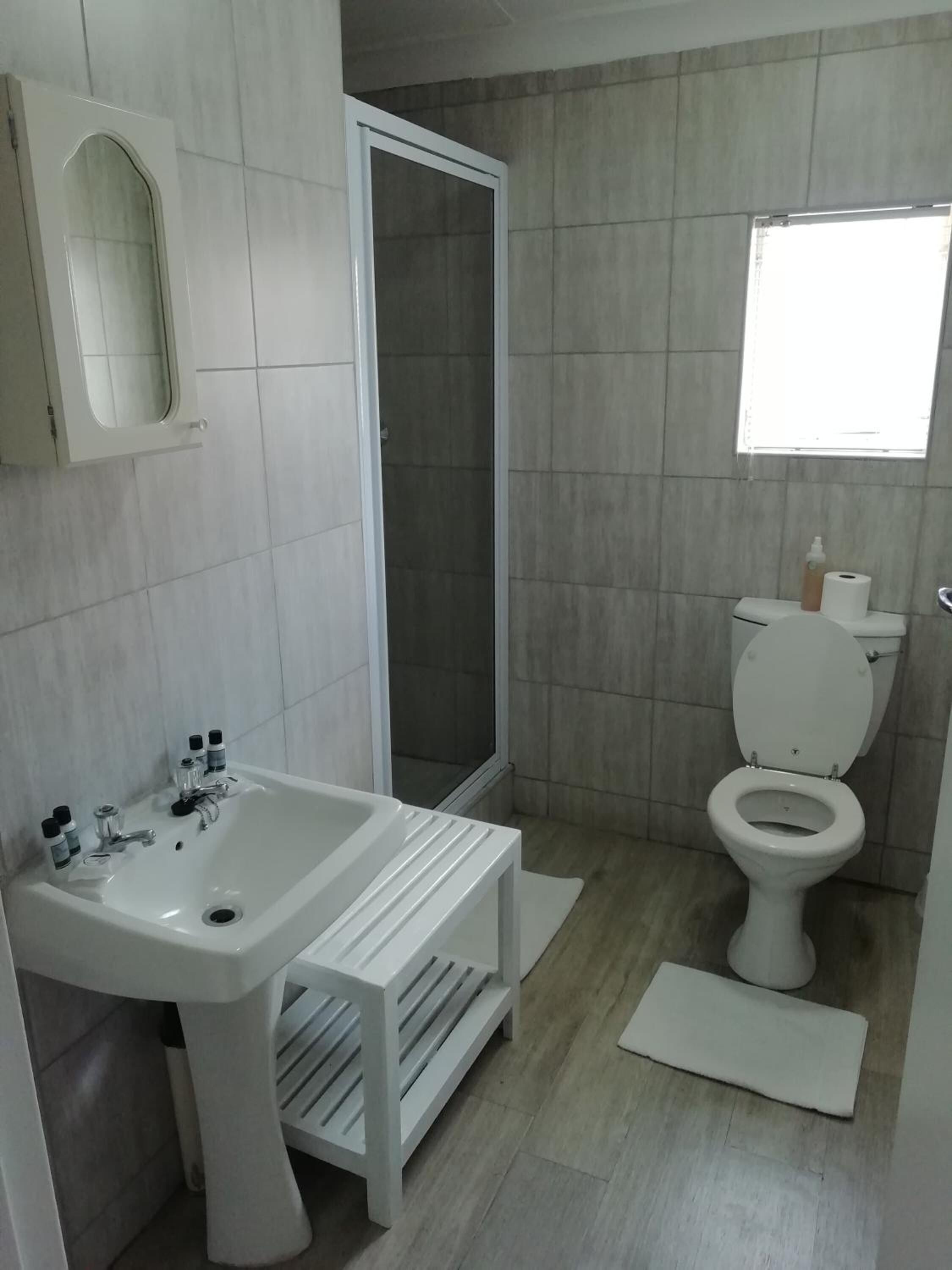 Een badkamer met een wit wastafel, toilet en douche.