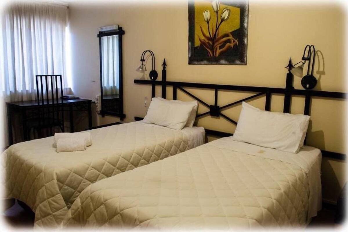 Una habitación con dos camas, un escritorio y una silla. Hay un cuadro en la pared y una ventana con cortinas.