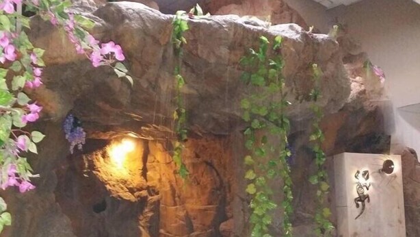 Een binnenzwembad met een rotspartij, fontein en hangende planten.