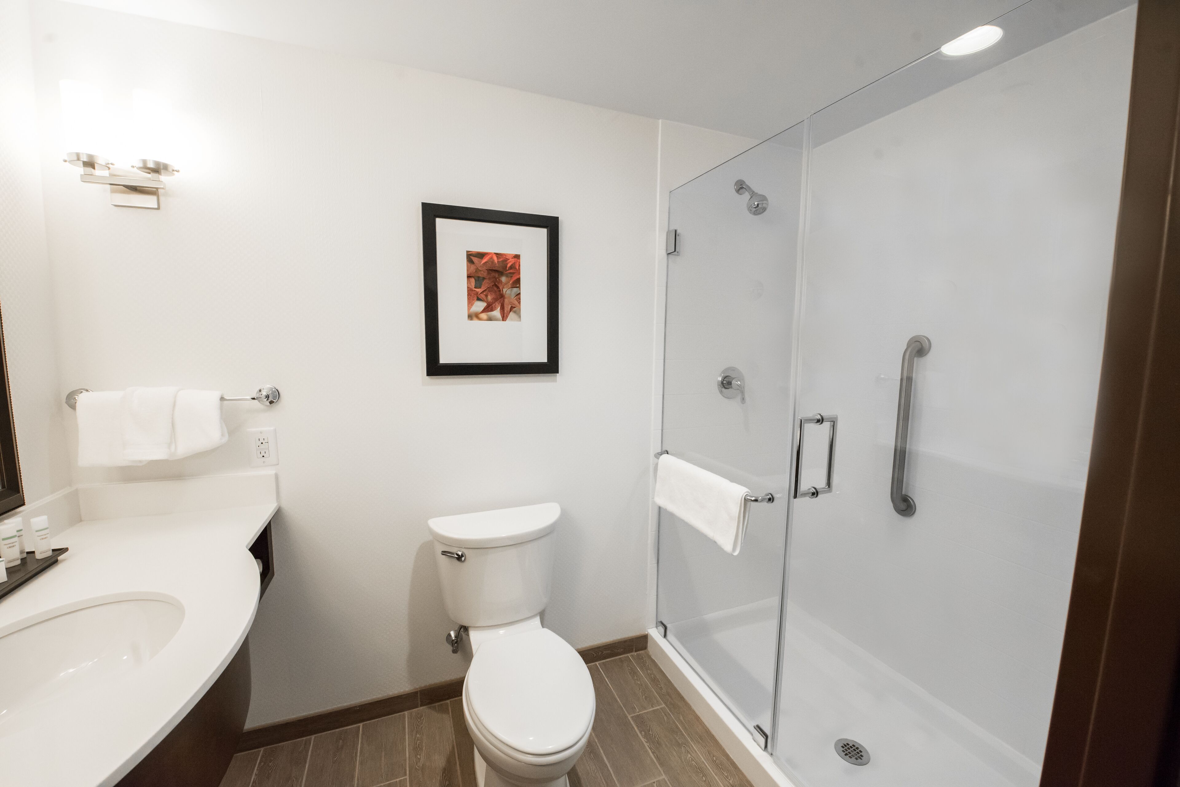 A modern bathroom with a toilet, sink, and glass shower enclosure.