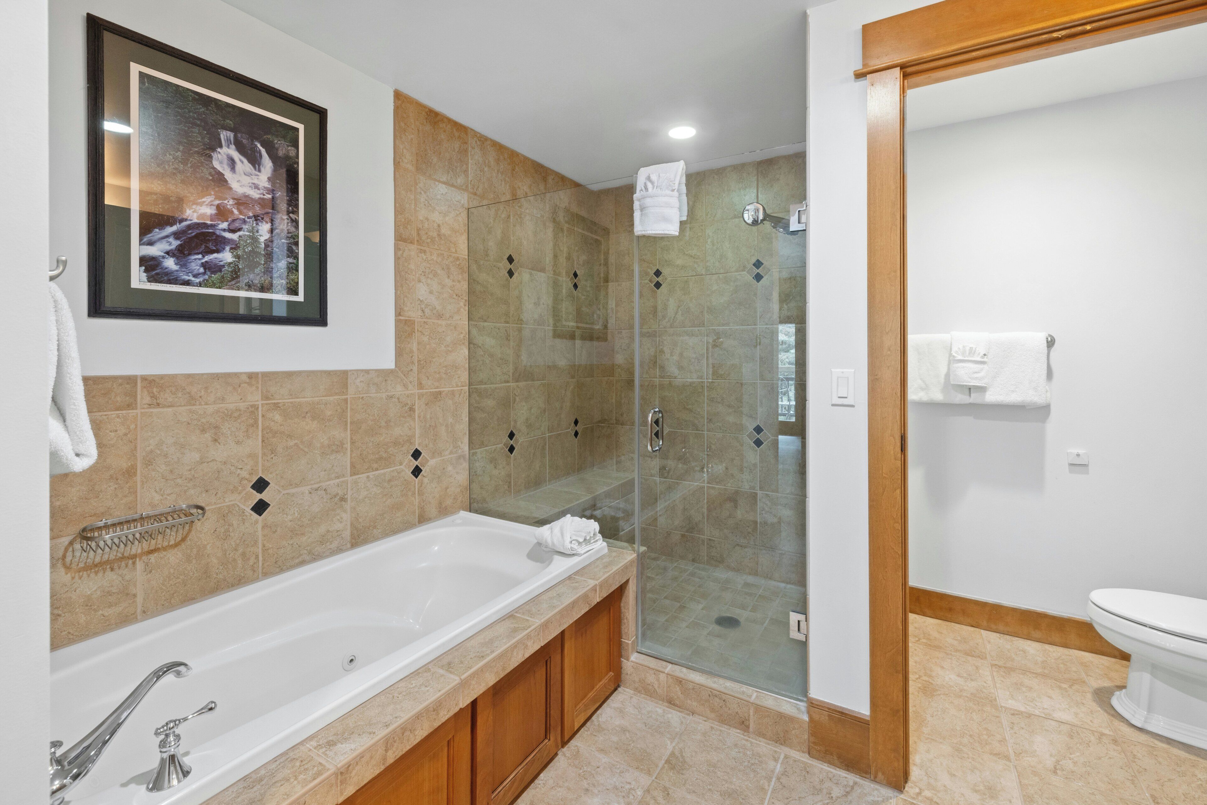 A modern bathroom with a bathtub, shower, and toilet.