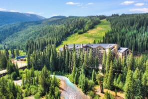 A lodge surrounded by dense forest and a river, with a view of mountains in the background.