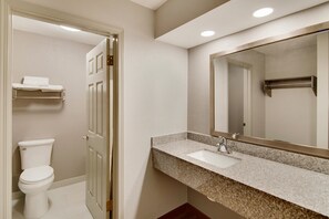 Une salle de bain avec des toilettes, un lavabo et un miroir.