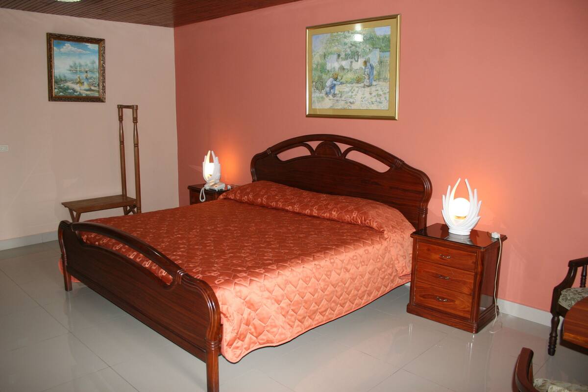 A bedroom with a wooden bed, a nightstand with a lamp, and two paintings on the wall.