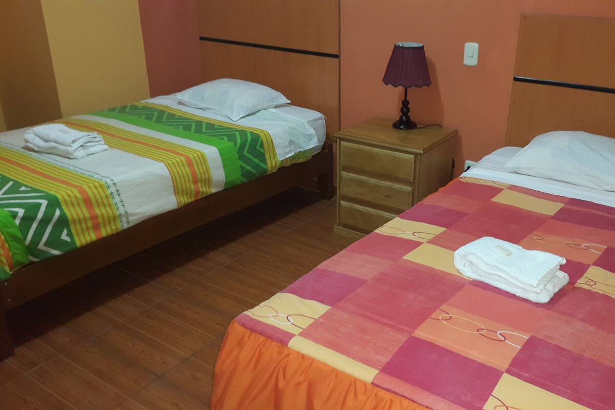 Habitación de hotel con dos camas, cada una con un edredón de estampado diferente. Entre las camas, una mesita de noche con una lámpara.