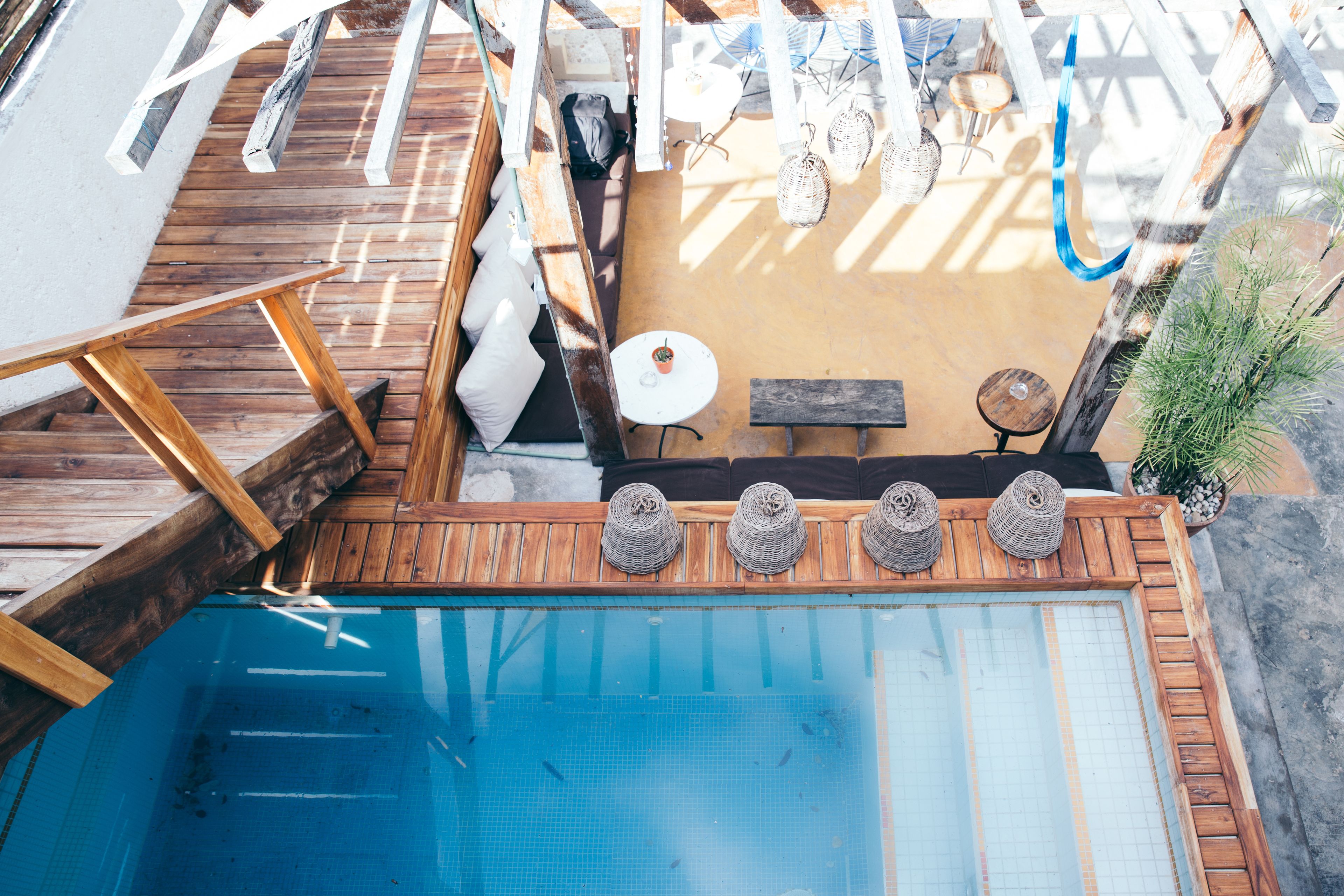 outdoor pool, pool loungers