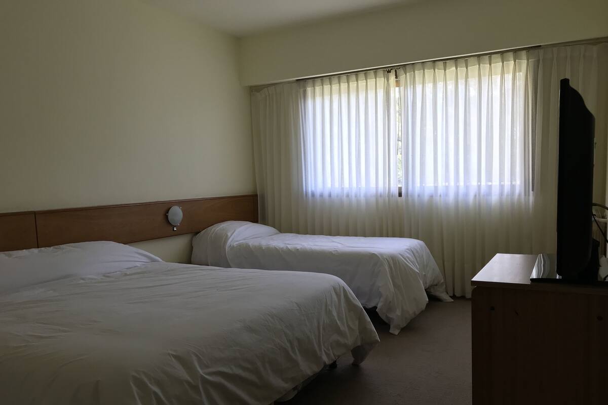 Une chambre d’hôtel avec deux lits simples, une tête de lit en bois, une table de chevet et une grande fenêtre avec des rideaux légers.
