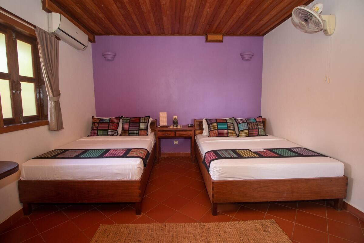 A room with two wooden beds, purple walls, a ceiling fan, and a window with curtains.