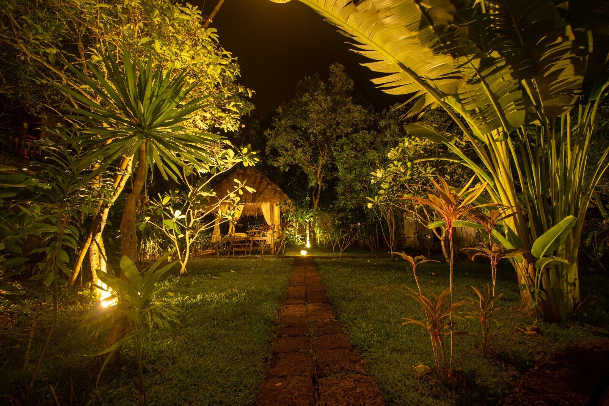A pathway leading to a thatched-roof structure surrounded by tropical vegetation.