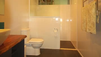 A bathroom with a toilet, sink, and shower area.