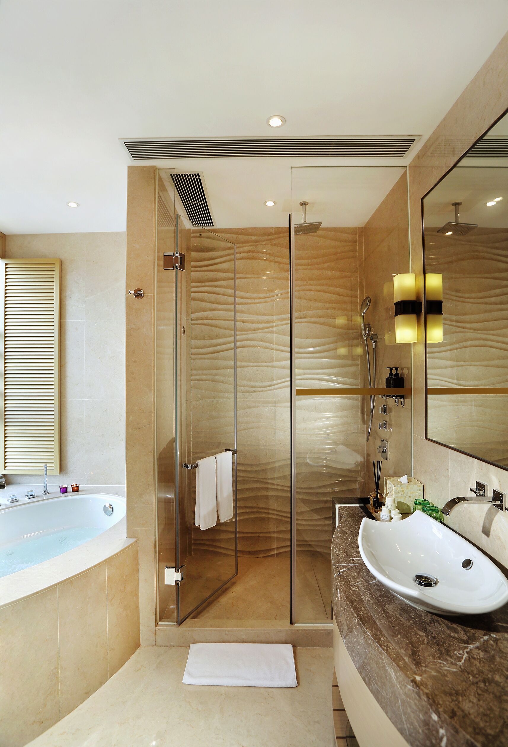 burlington suite | bathroom | shower, hair dryer, slippers, towels