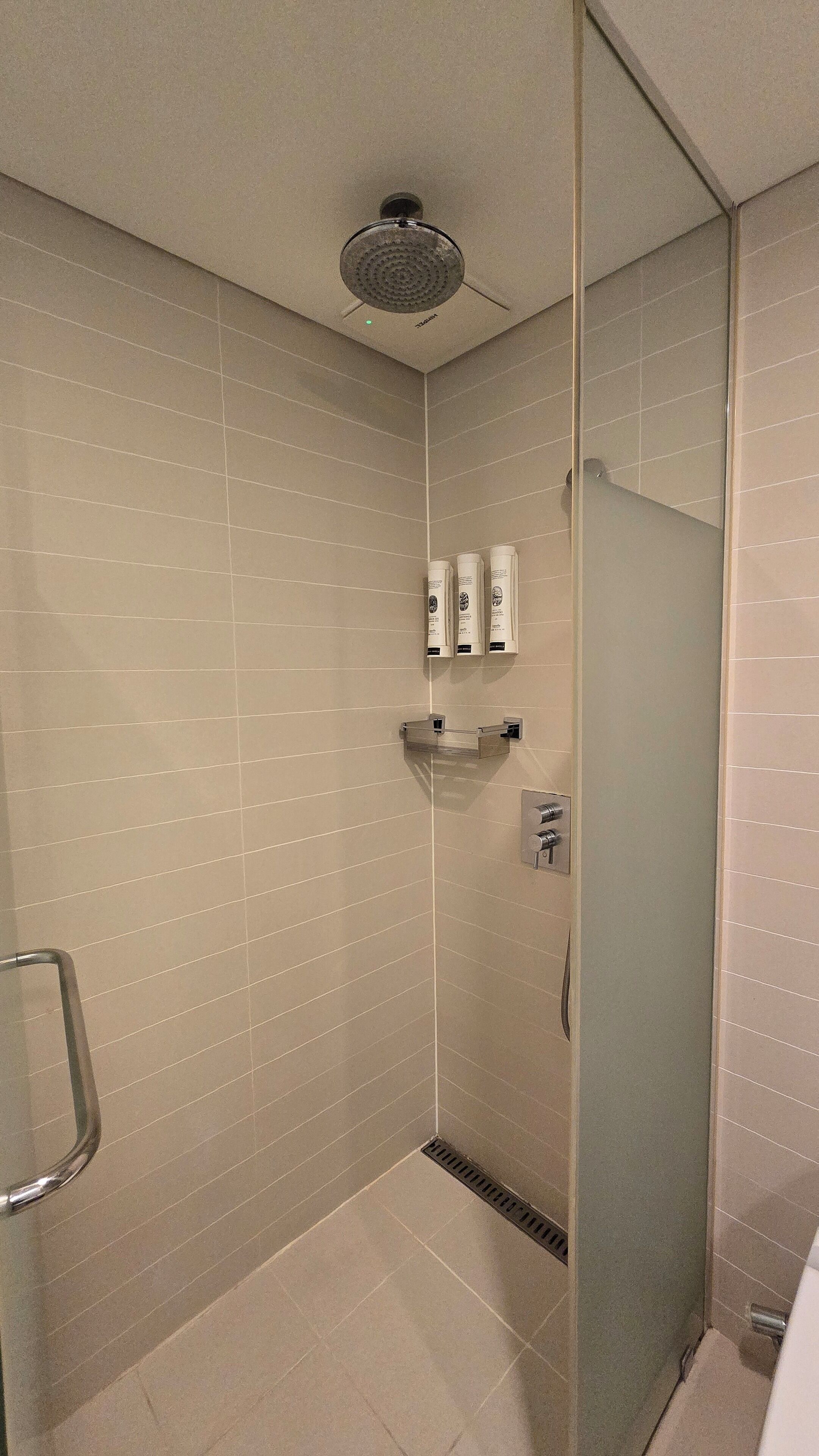 A modern shower with a glass door, a handheld showerhead, and toiletries on the wall.