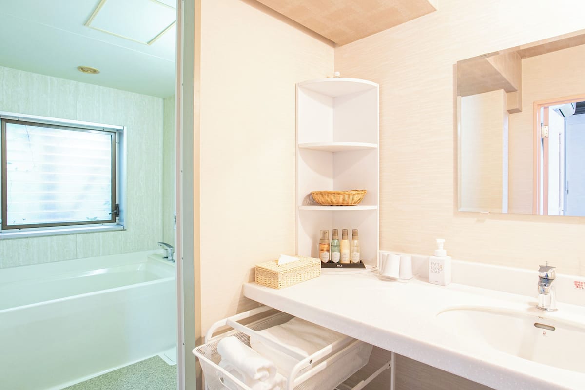 combined shower/bathtub, deep-soaking bathtub, hair dryer, slippers