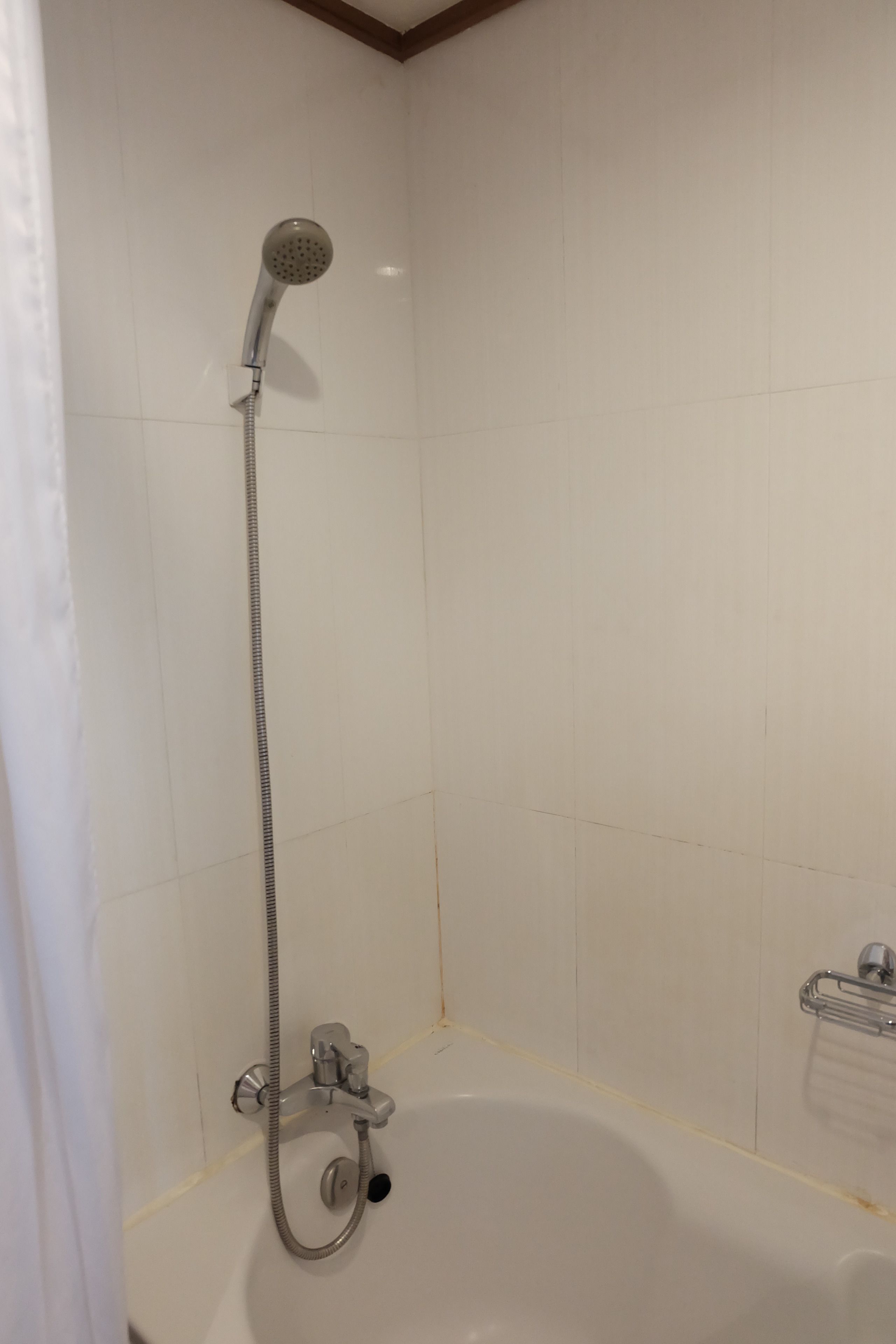 A bathroom with a shower, a bathtub, and a towel rack.