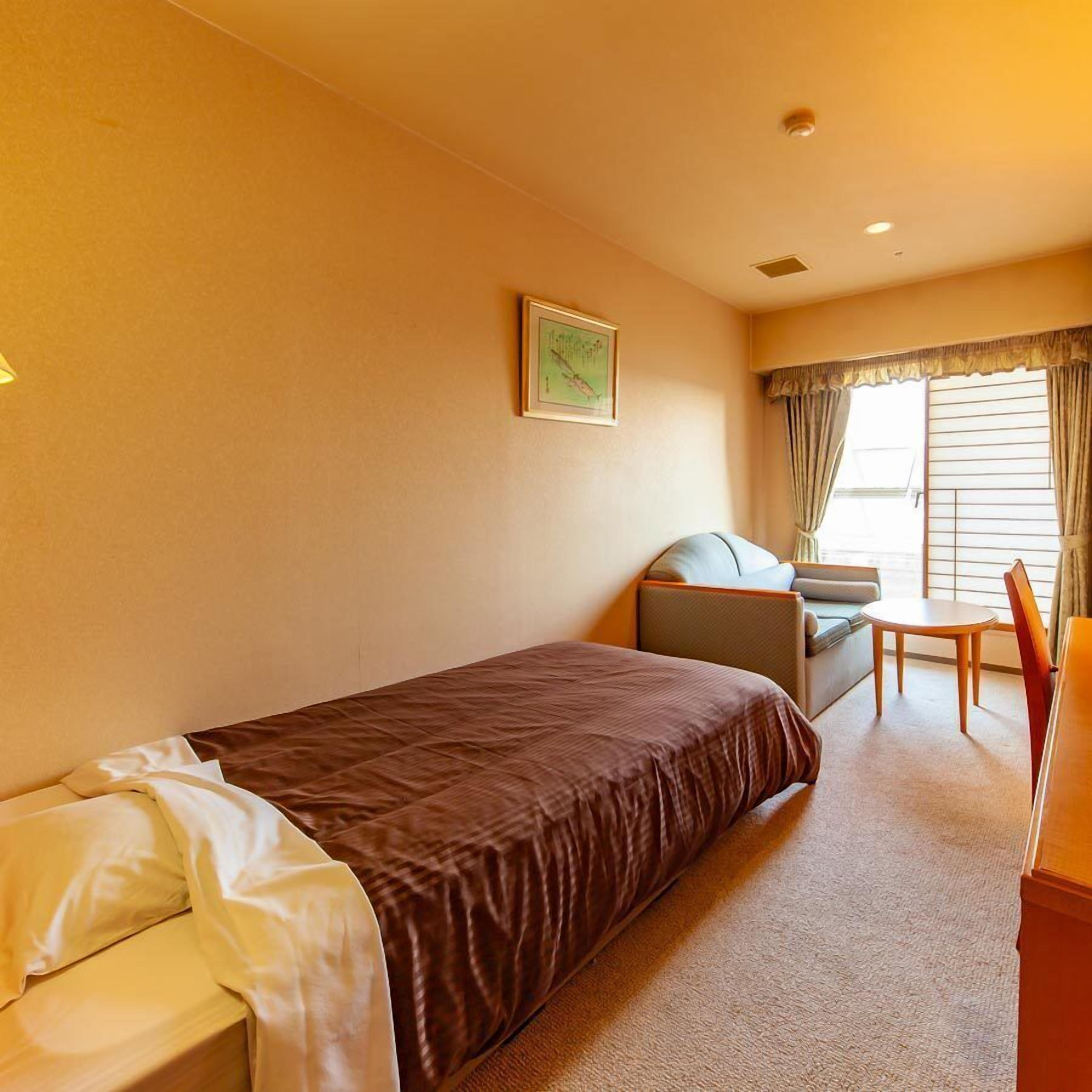 A hotel room with a single bed, a small desk, a chair, and a window with curtains.