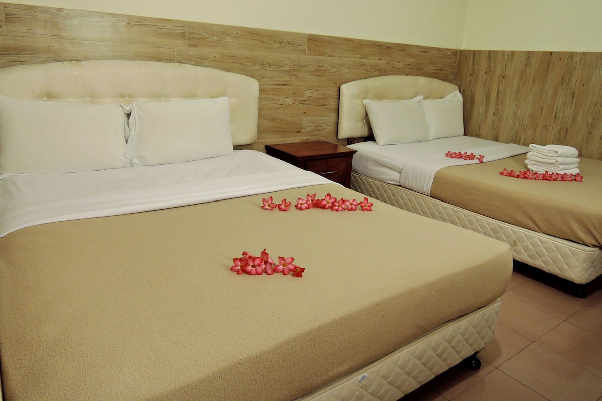 Habitación de hotel con dos camas, cabeceros de madera y una mesita de noche.