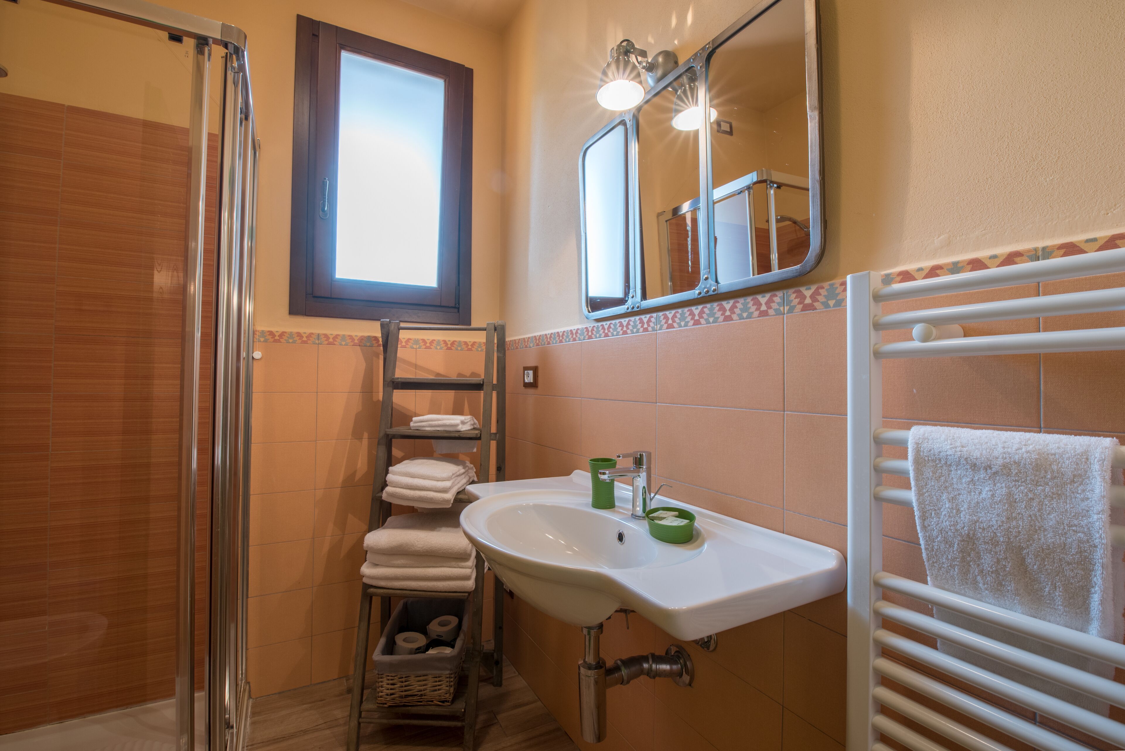 A bathroom with a shower, a sink with a mirror, and a towel rack.