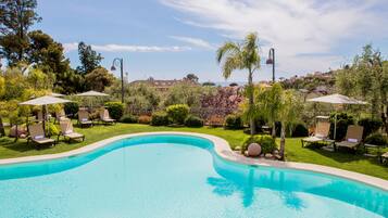 Seasonal outdoor pool, pool umbrellas, pool loungers