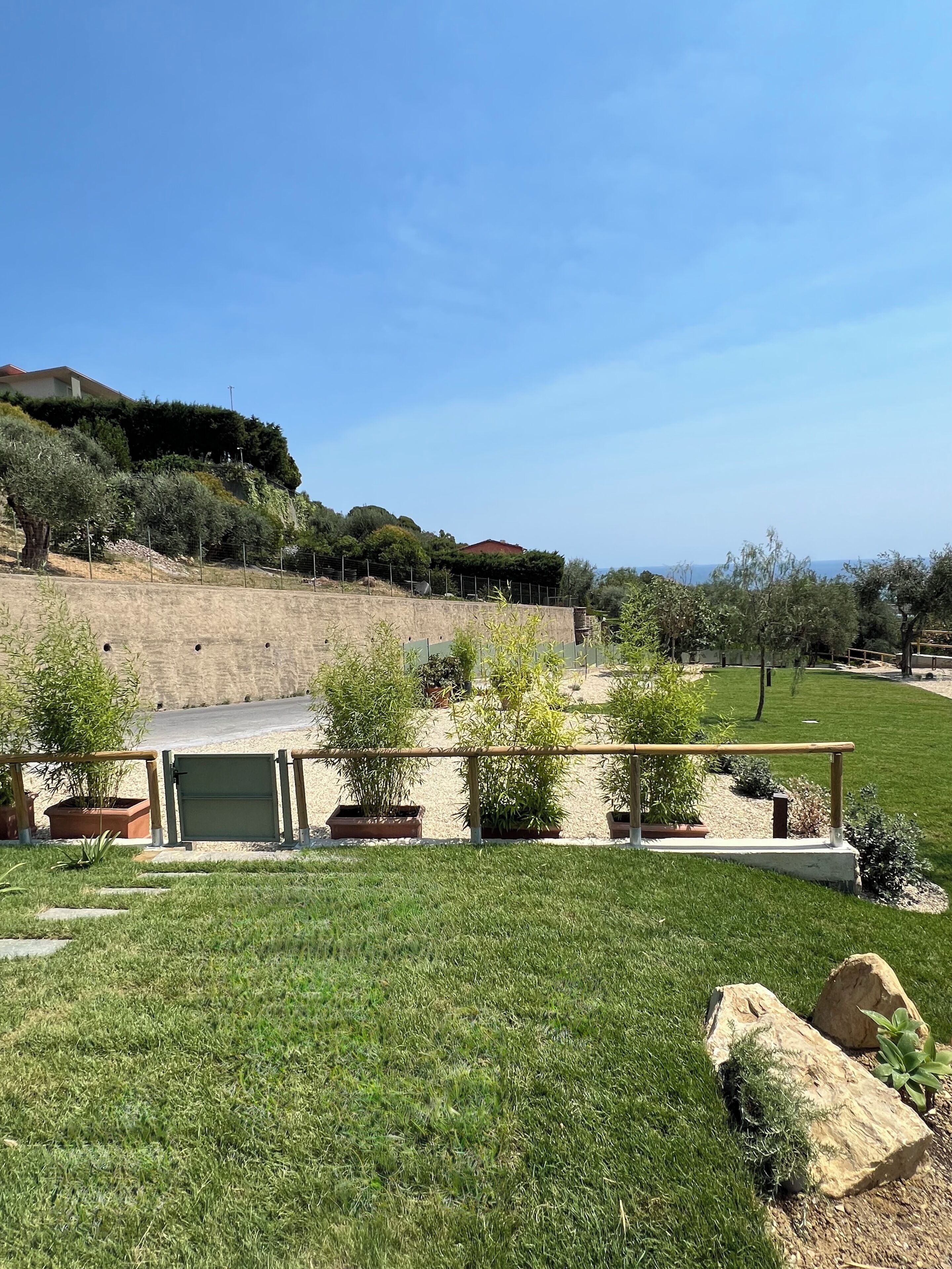 A landscaped garden with a grassy lawn, potted plants, and a stone wall.