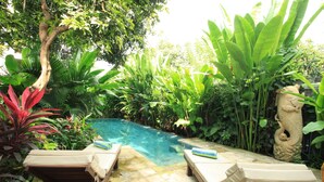 A pool area with lounge chairs and lush tropical plants. - Villa Sutra (Pemuteran)