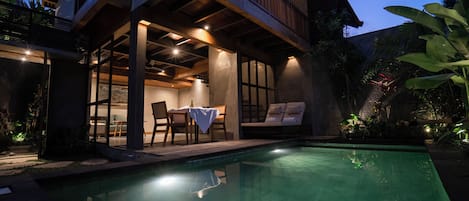 Villa, 1 Bedroom, Private Pool (with Free Benefit) | Living area | 42-inch Smart TV with digital channels, fireplace, DVD player