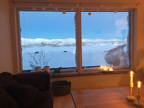 A room with a large window overlooking a snowy landscape. There are two potted plants on the windowsill, a candle holder with candles, and a dark-colored sofa. - RIBO Apartment Riksgränsen (Riksgränsen)