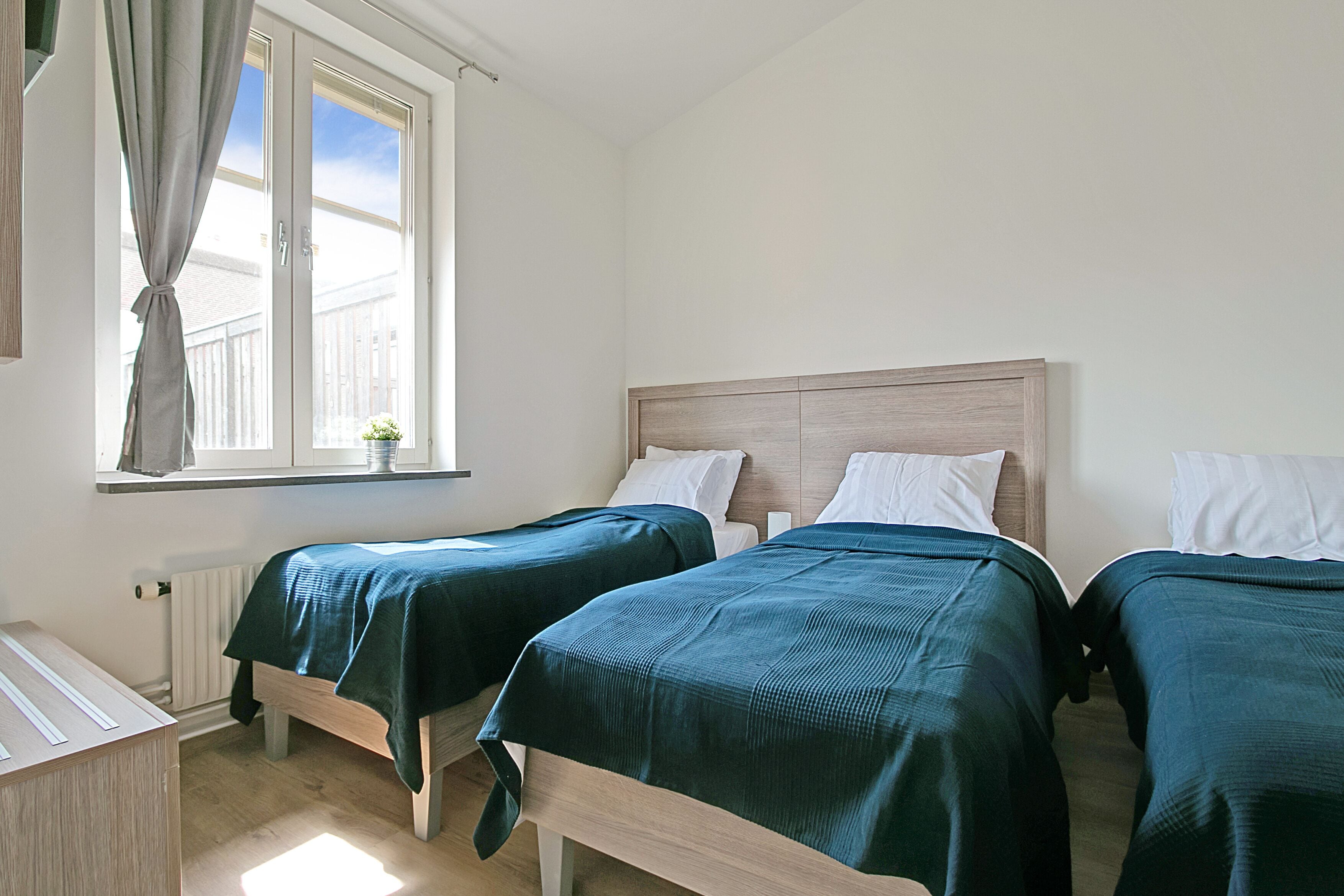 A room with two single beds, a window with curtains, a radiator, and a small plant on the windowsill.