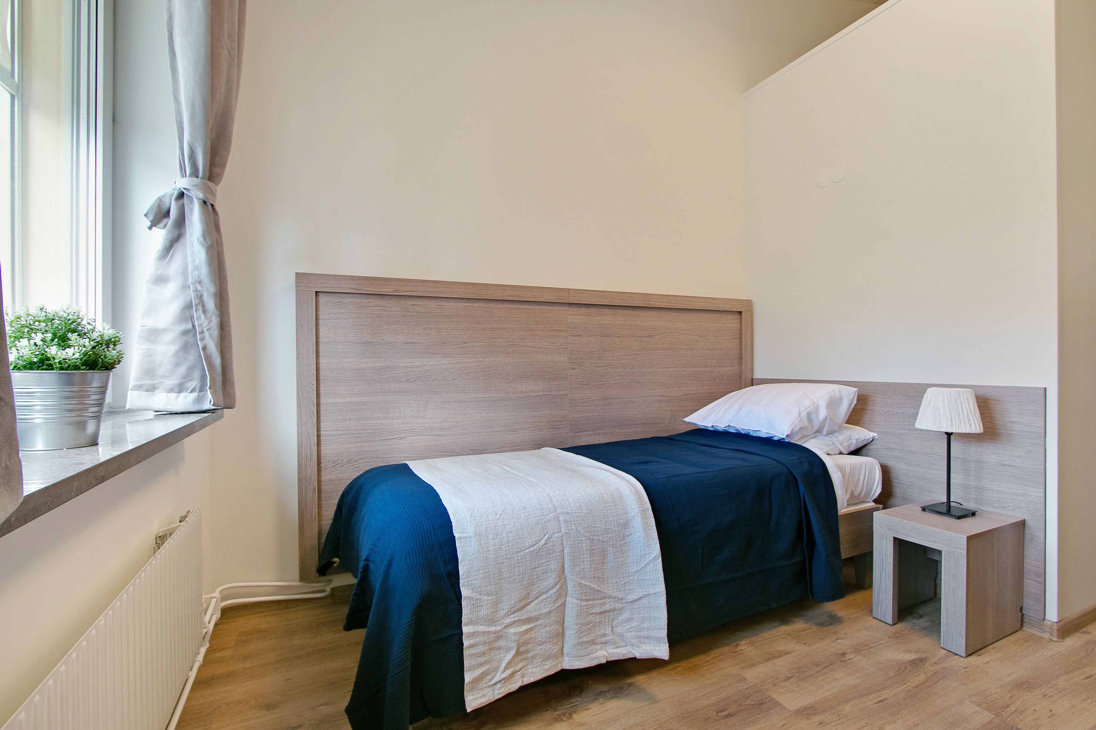 A bedroom with a bed, bedside table, lamp, window with curtains, and a potted plant.