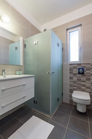 A modern bathroom with a glass shower enclosure, a white sink, and a toilet.