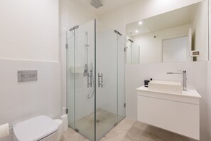 A modern bathroom with a glass-enclosed shower, a white sink, and a toilet.