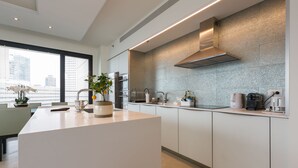 A modern kitchen with a large island, stainless steel appliances, and a view of the city. - White City Tower (Tel Aviv)