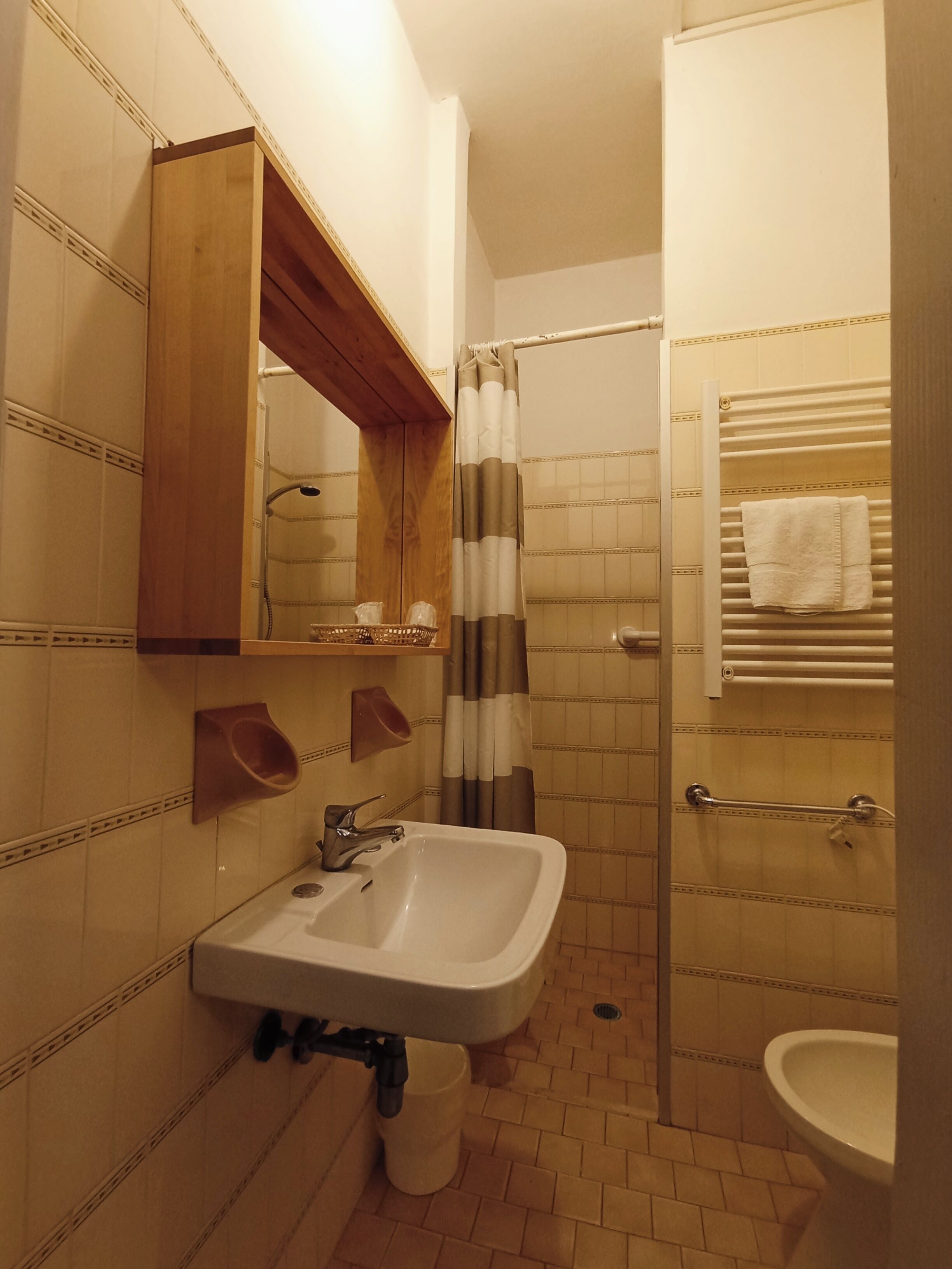 Un baño con lavamanos, espejo, ducha y toallero.