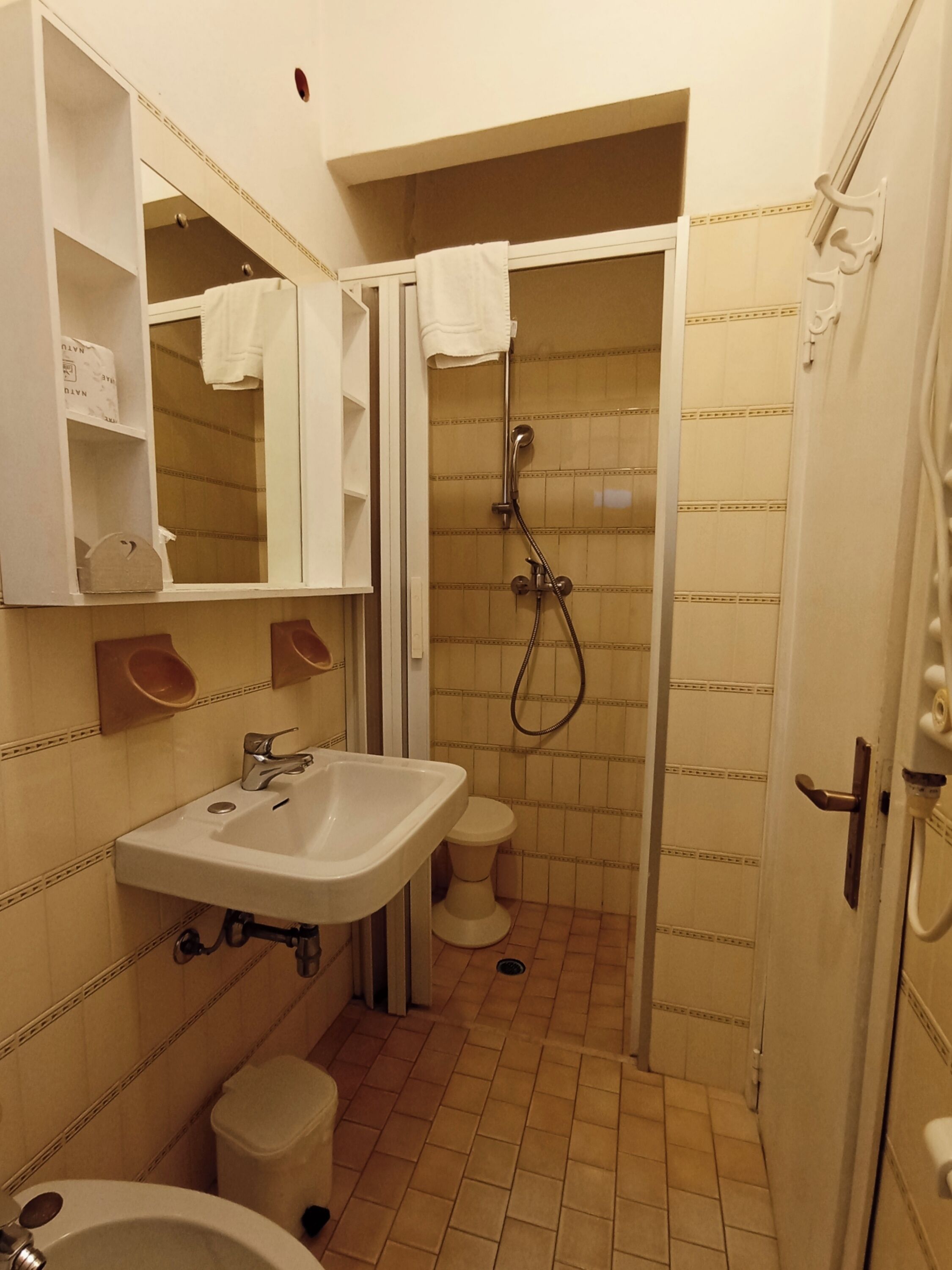 A compact bathroom with a sink, toilet, and shower.
