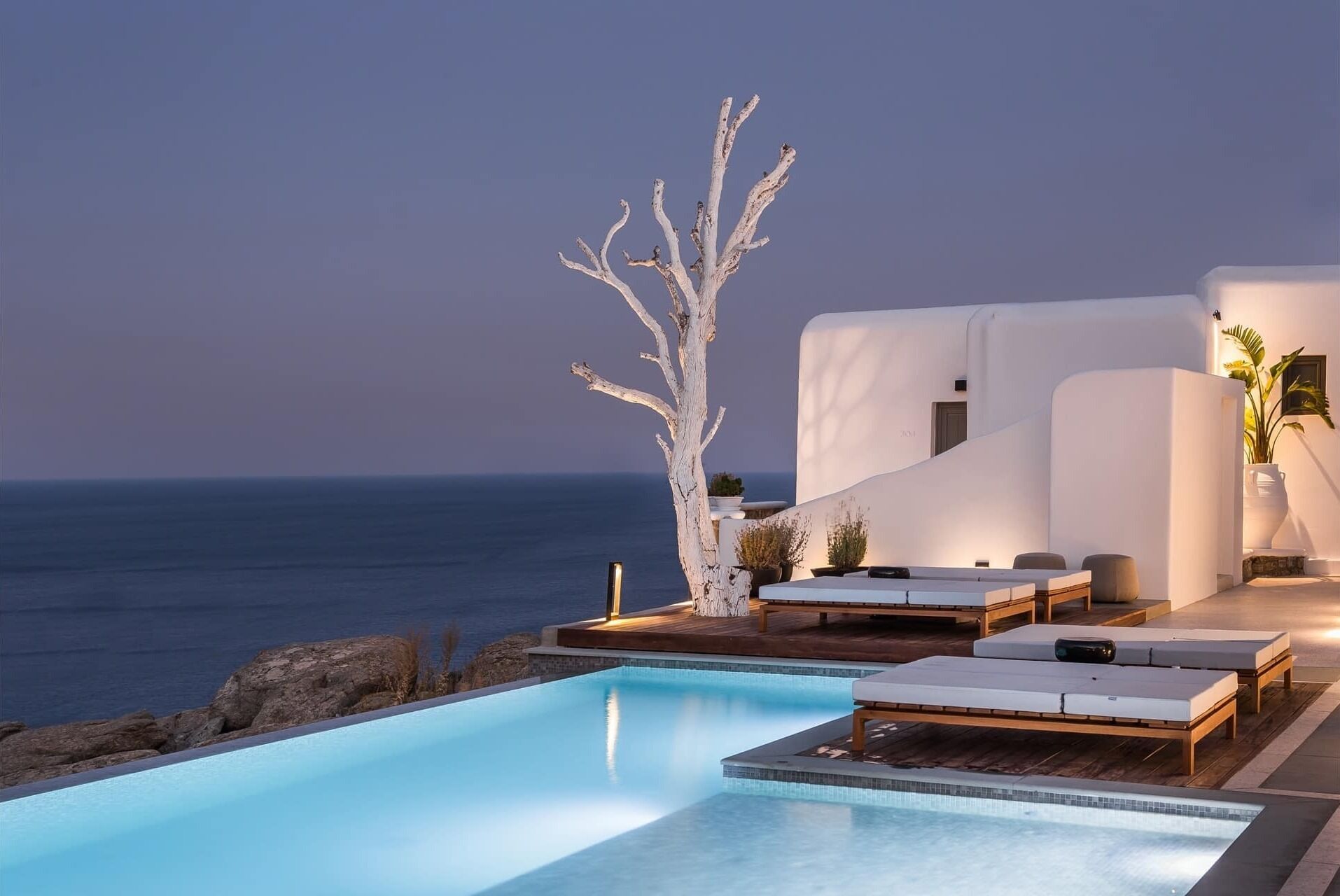 A poolside area with lounge chairs and a white tree sculpture, overlooking the sea.
