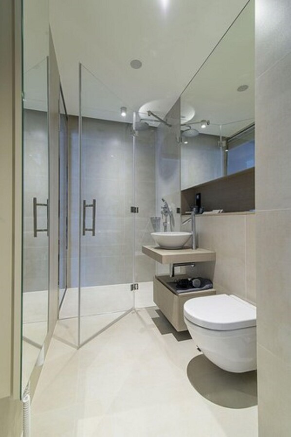 A modern bathroom with a glass shower enclosure, a white sink, and a toilet.