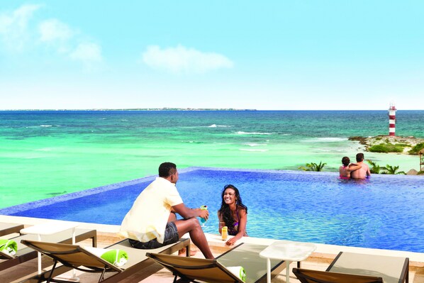 Outdoor pool, pool umbrellas, pool loungers