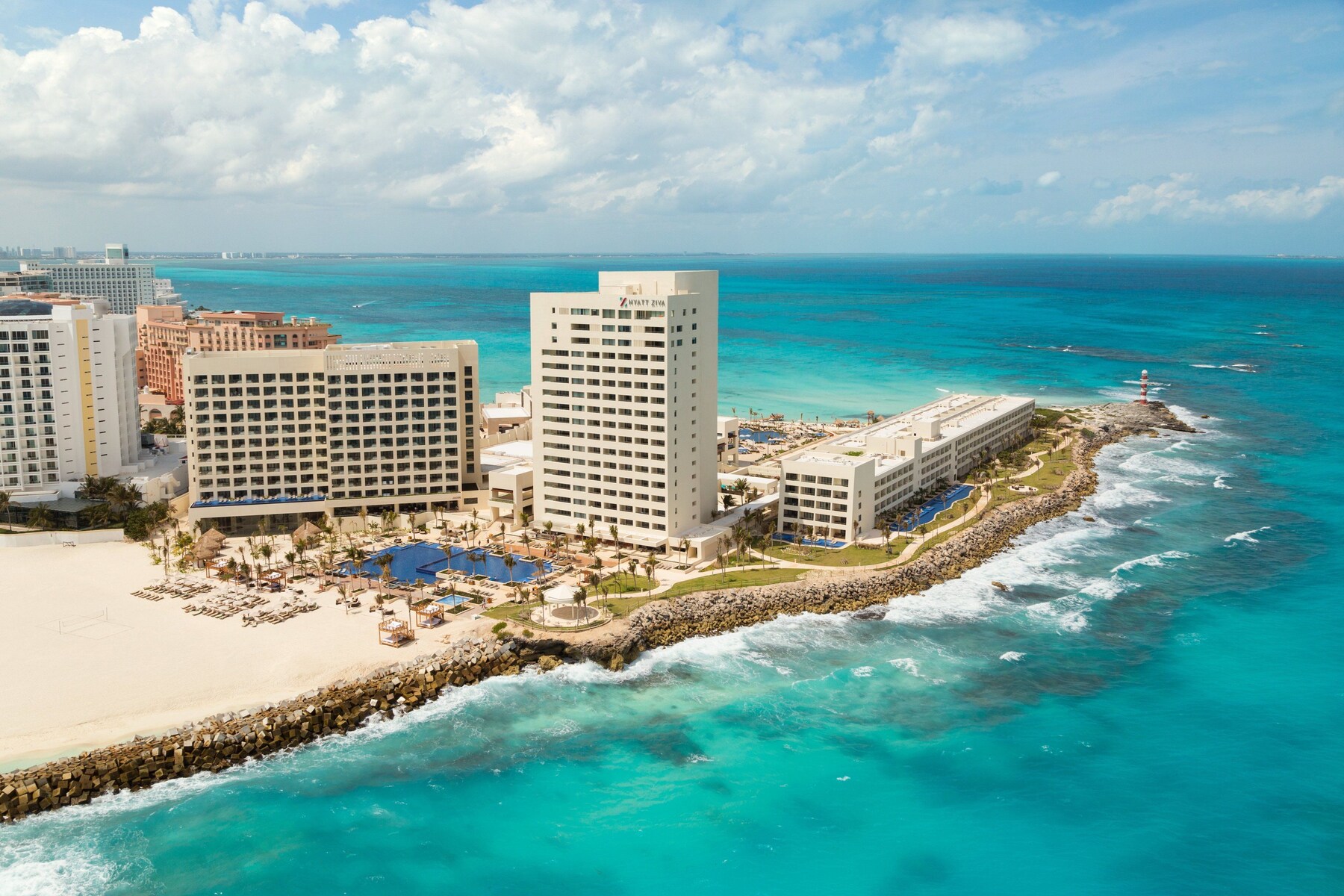 On the beach, beach cabanas, sun loungers, beach umbrellas