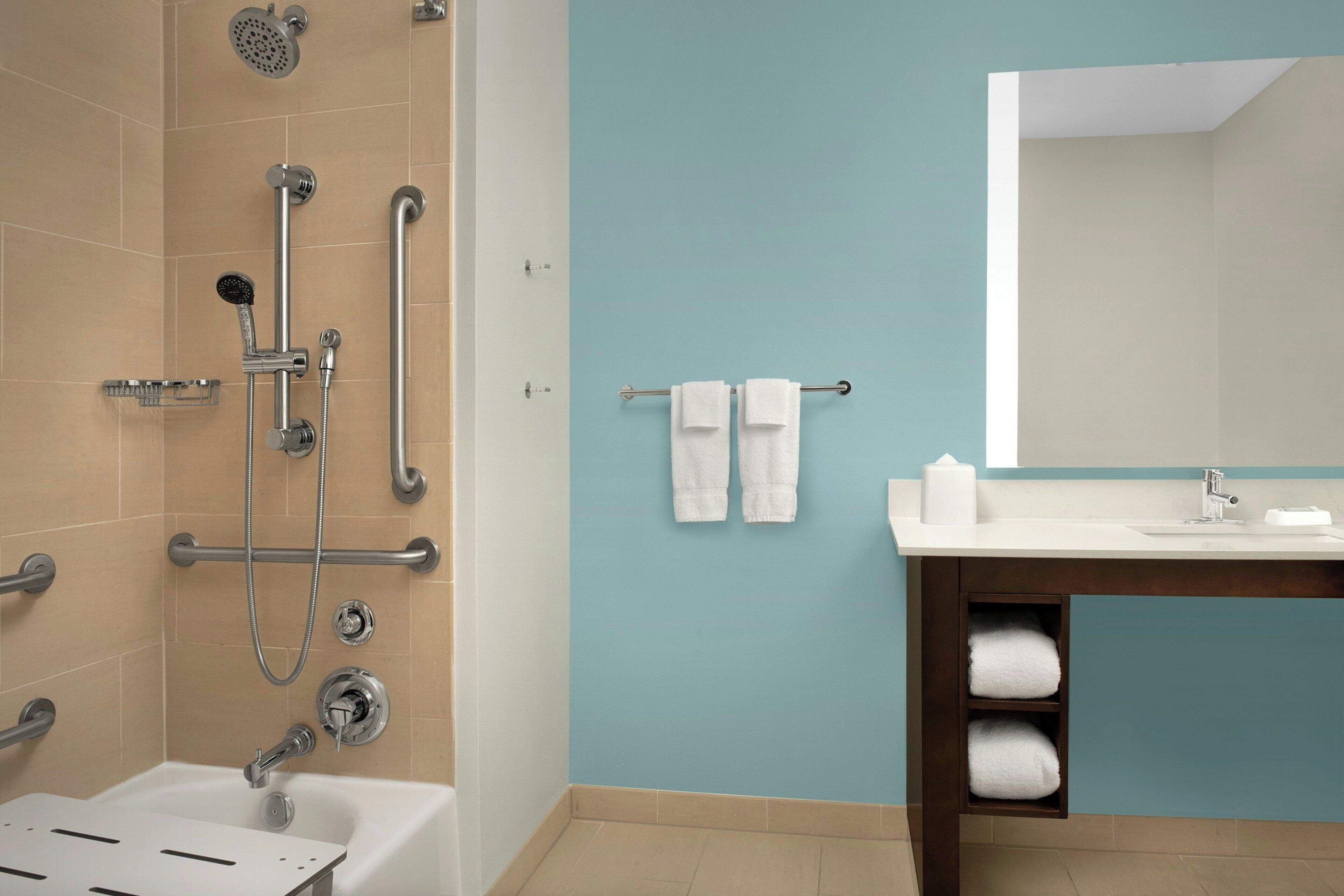 Studio, 1 King Bed with Sofa bed (Mobility Accessible, Tub) | Bathroom | Combined shower/tub, free toiletries, hair dryer, towels