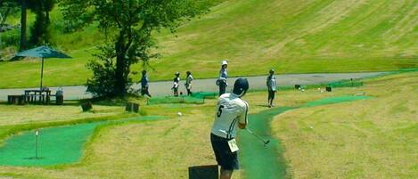 Un campo de golf con un green de putting, árboles y un grupo de personas jugando.