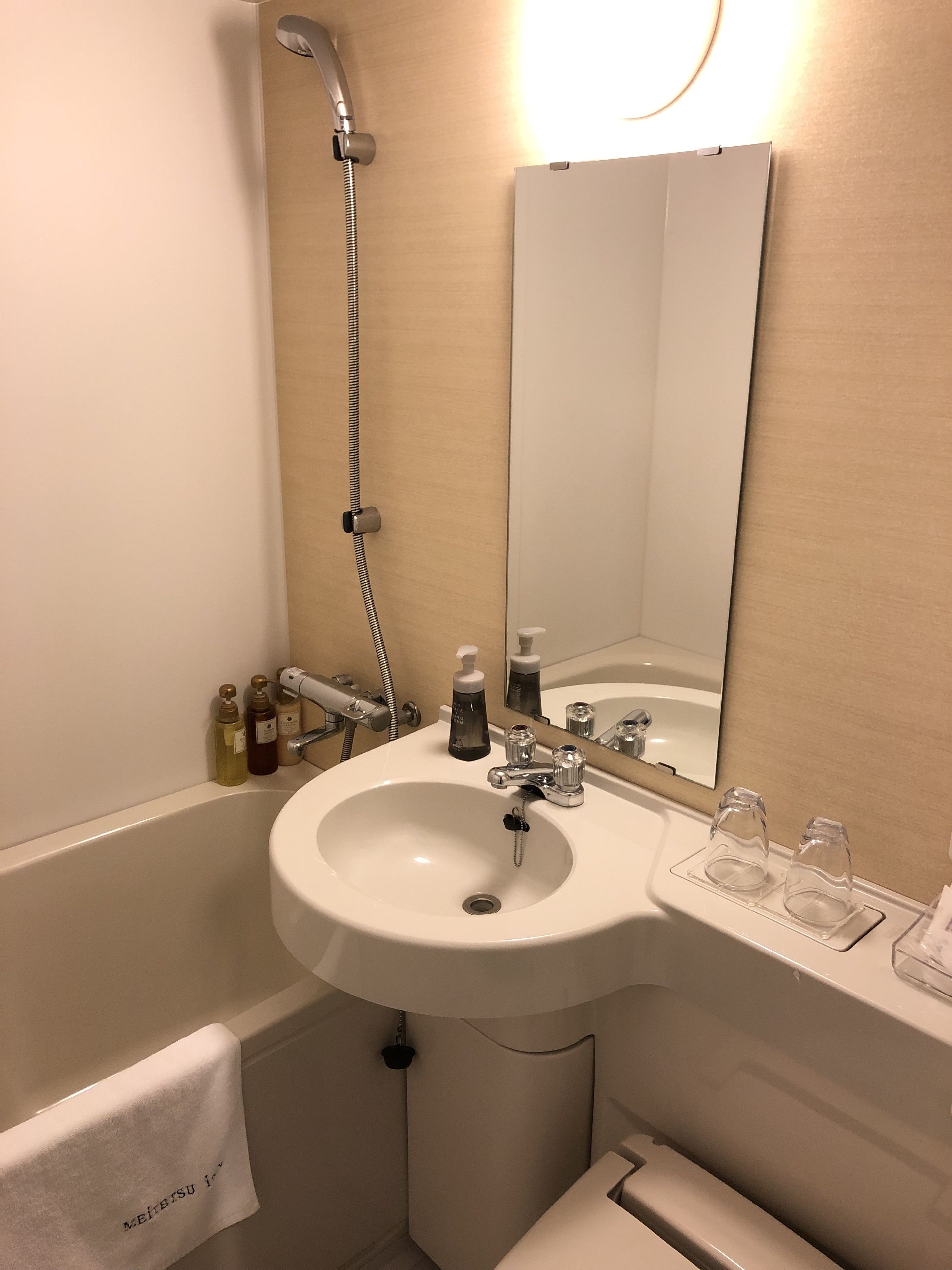 combined shower/bathtub, free toiletries, hair dryer, slippers