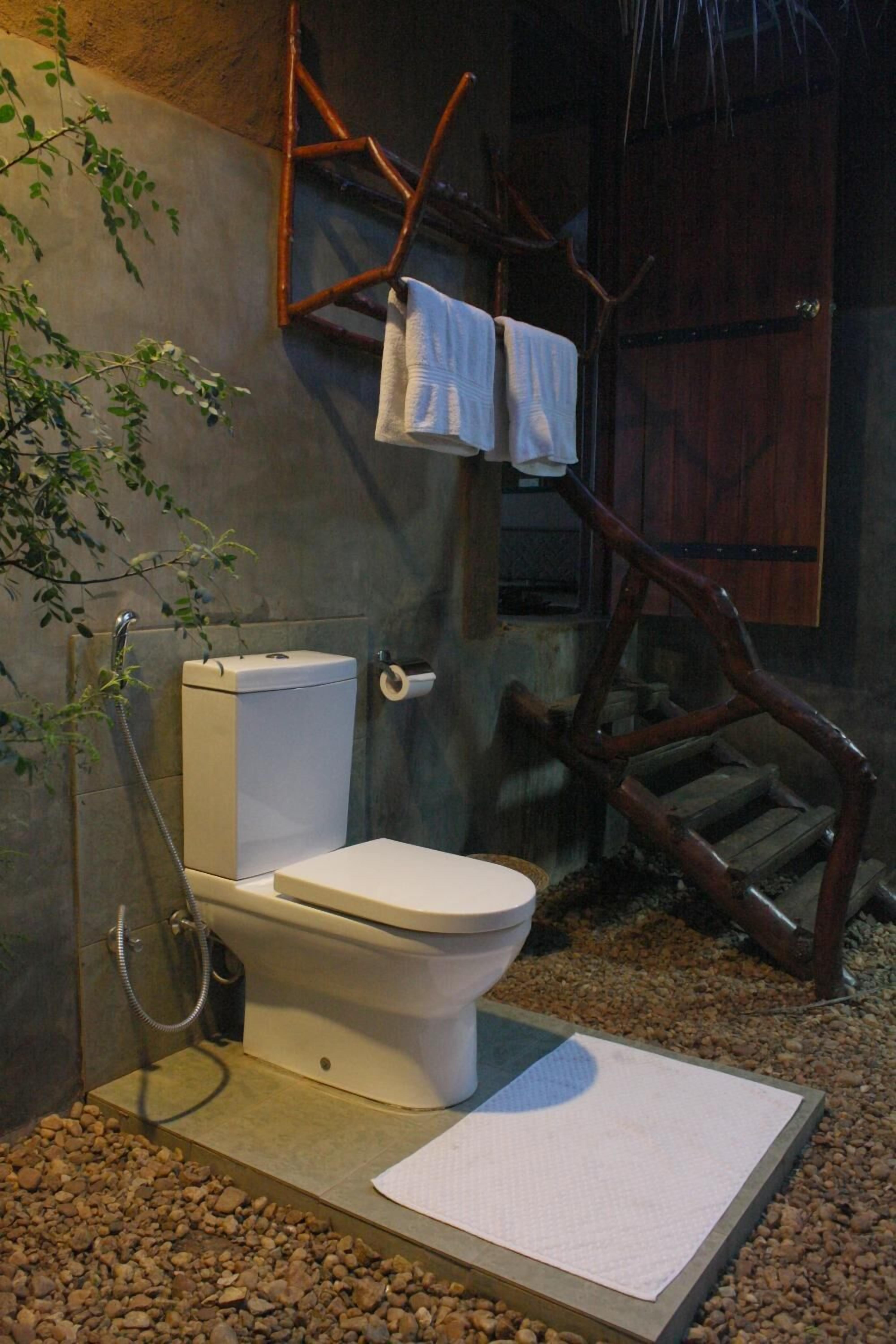 A bathroom with a toilet, a shower, and a wooden ladder.