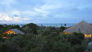 A tropical resort with thatched-roof huts surrounded by dense vegetation and a view of the ocean.