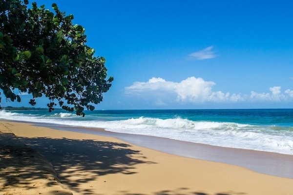 On the beach, white sand, sun loungers, beach towels