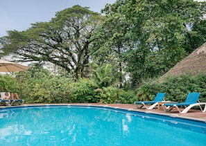 Outdoor pool, pool umbrellas, pool loungers