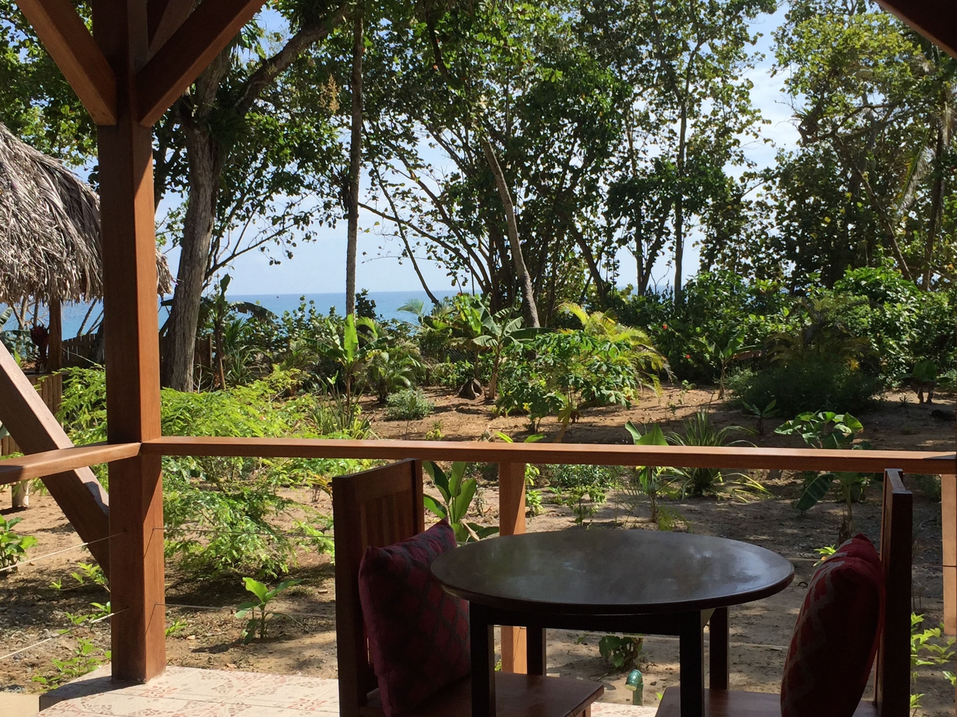 Une terrasse en bois avec une table et des chaises, donnant sur un jardin où poussent différentes plantes et arbres, et offrant une vue sur la mer en arrière-plan.