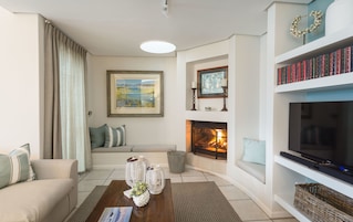 Una sala de estar con un sofá, una chimenea, un televisor y una estantería.